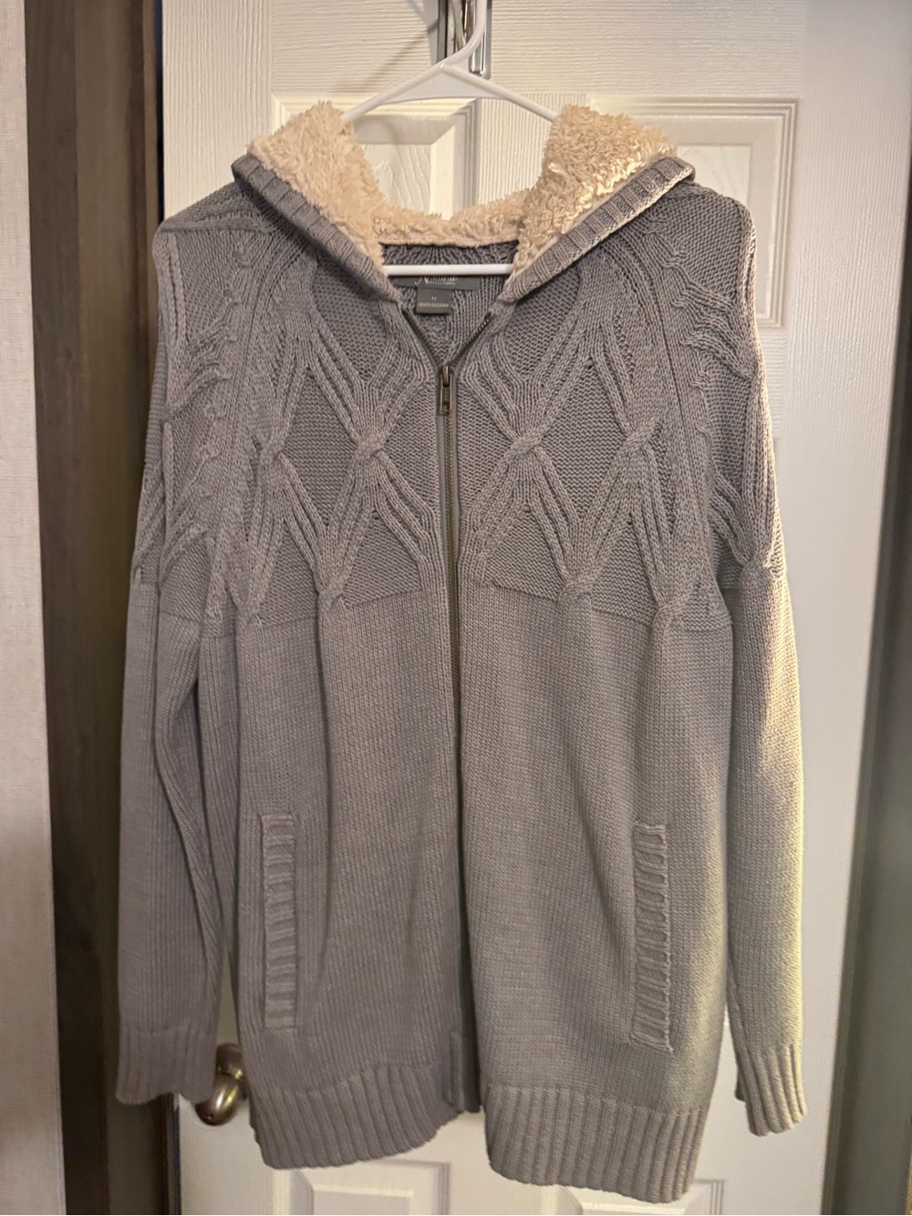 Natural Reflections Light Gray Knit Zip-Up Hoodie with Sherpa Lining